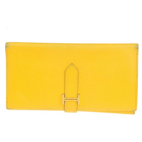 HERMES Logo Bearn 2PLIS Trifold Long Wallet Purse Veau Epsom Yellow